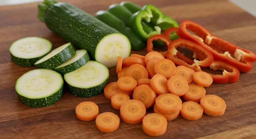 sliced vegetables wooden board